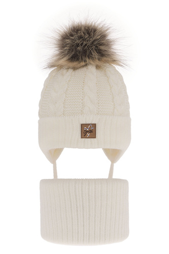 Set invernale bambina: berretto e scaldacollo, crema, con pompon, Finess
