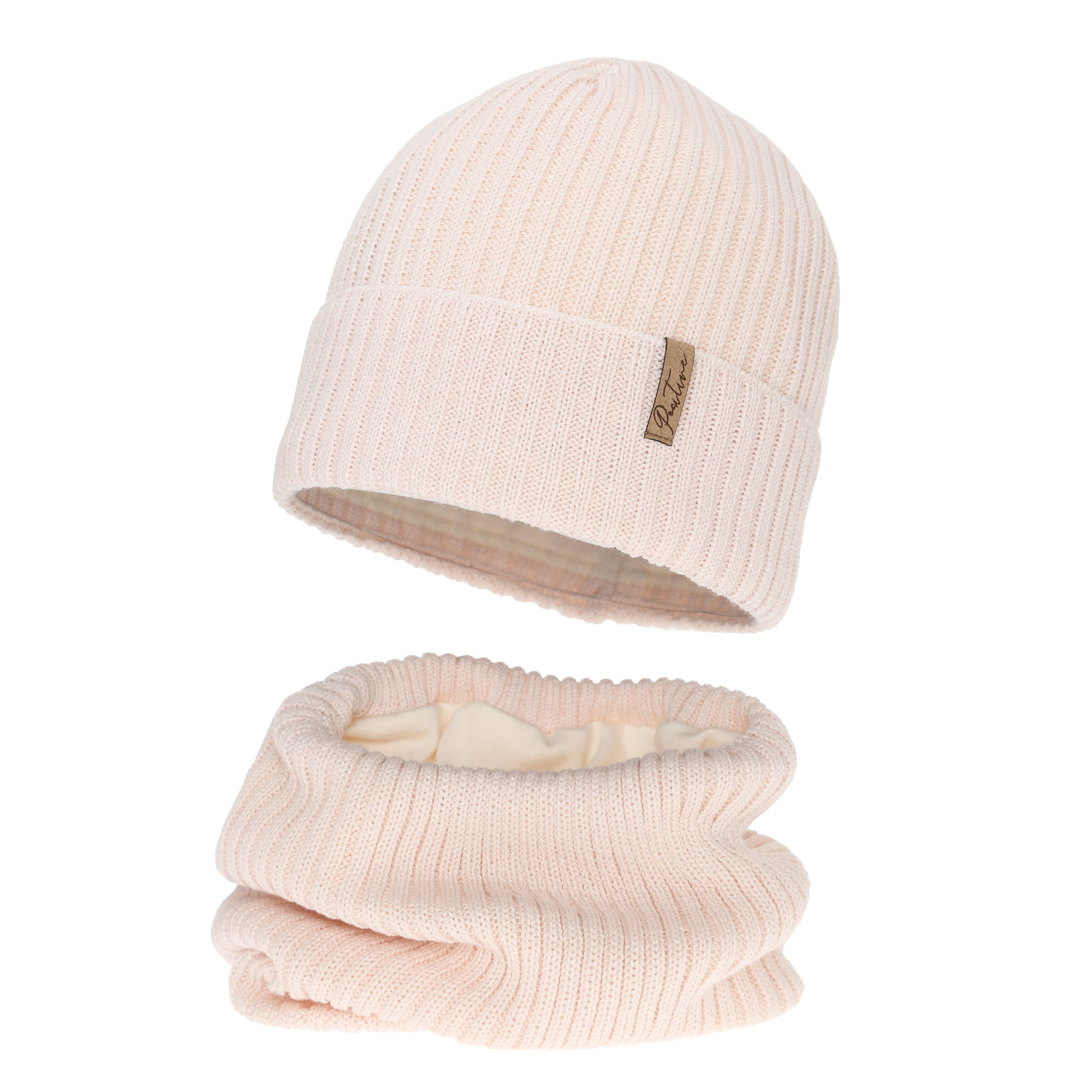 Set invernale bambina: berretto e scaldacollo foderato in pile, rosa, con lana Merino, Odette