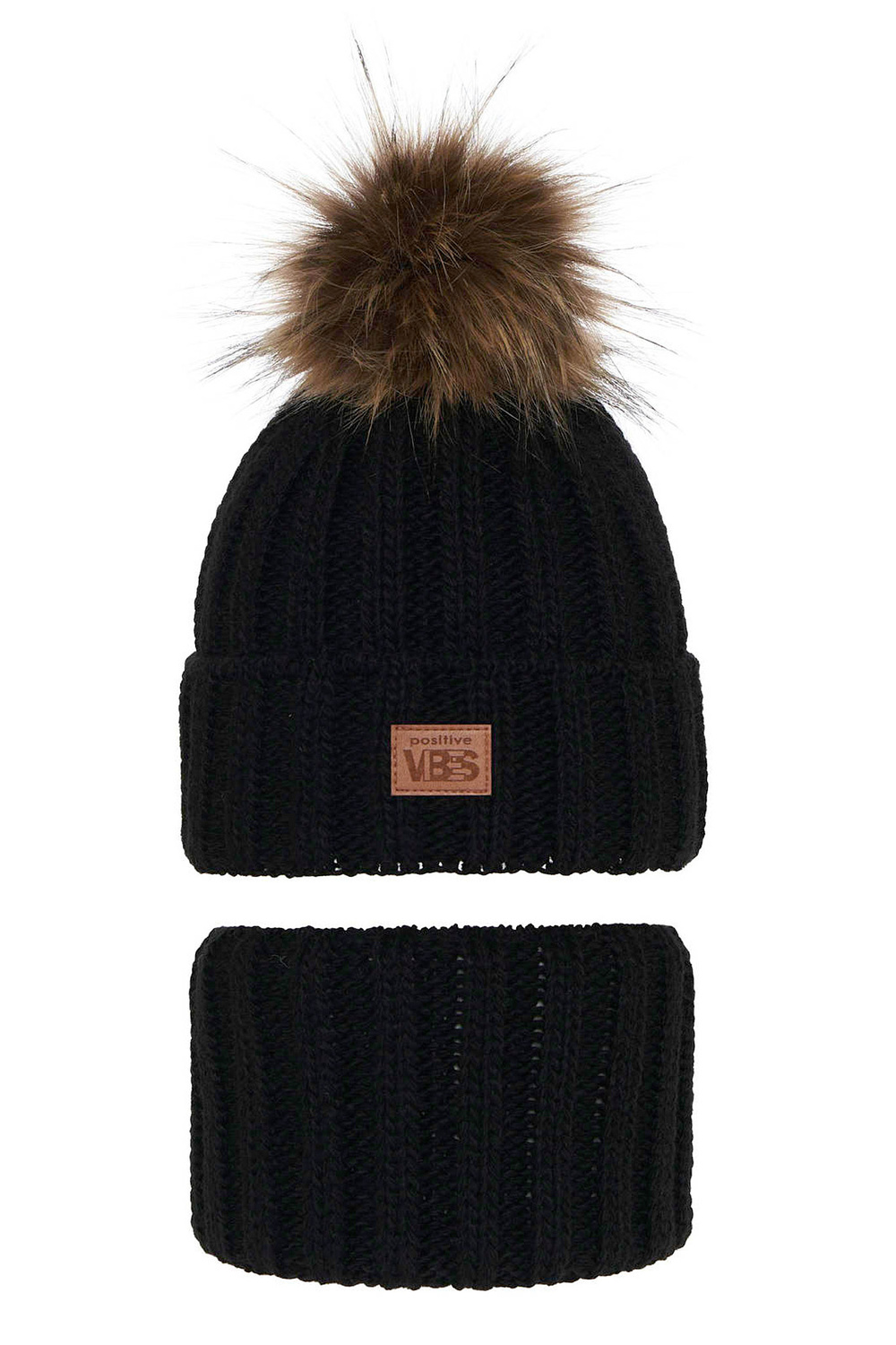 Set invernale bambino: berretto e scaldacollo, nero, con pompon, Remes