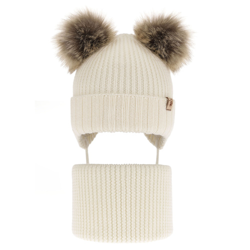 Set invernale bambina: berretto e scaldacollo, crema, con due pon pon, 100% Lana Merino, con lacci, Silvia