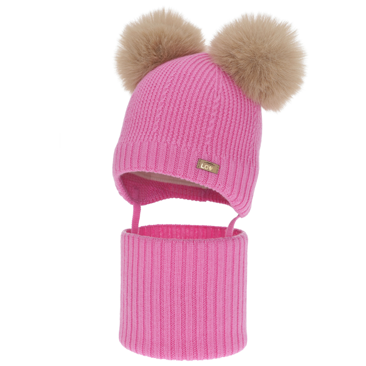 Set cappello e scaldacollo bambina, invernale, rosa, 100% lana merino, foderato pile di lana, Lumia