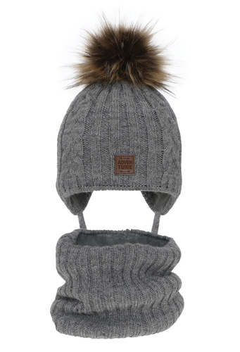 Set invernale bambino: berretto e scaldacollo, grigio, con pompon, con lacci, Casper