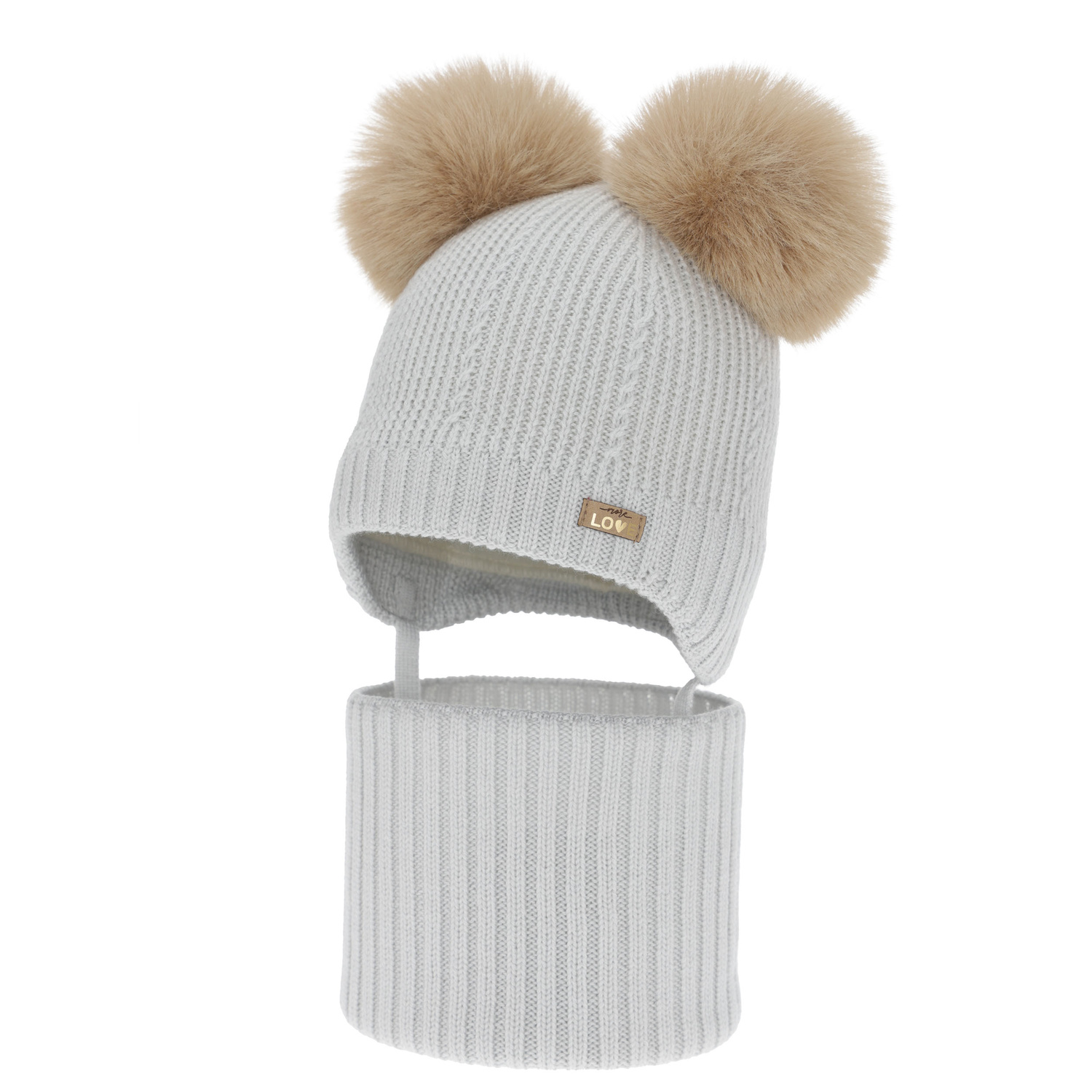 Set cappello e scaldacollo bambina, invernale, grigio, 100% lana merino, foderato pile di lana, Lumia