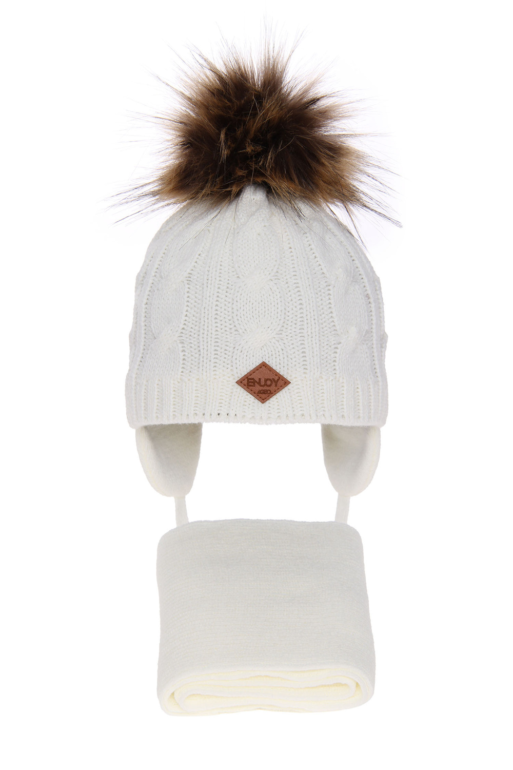 Set invernale bambino: berretto e sciarpa, crema, con pompon, con lacci, Minor