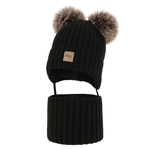 Set invernale bambino: berretto e scaldacollo, nero, con due pon pon, con lacci, Orange