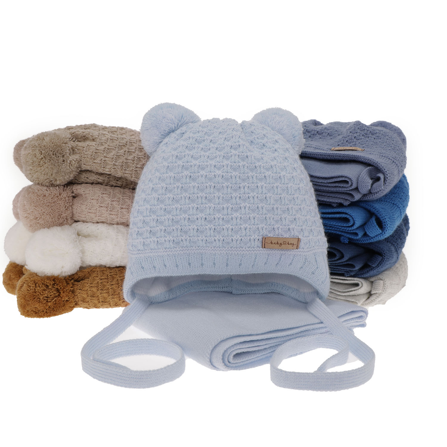 Set invernale bambino: berretto e sciarpa, grigio, con due pon pon, con lacci, Franki