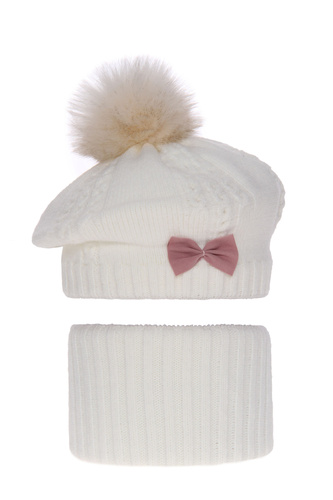 Set invernale bambina: berretto e scaldacollo, crema, con pompon, Amora