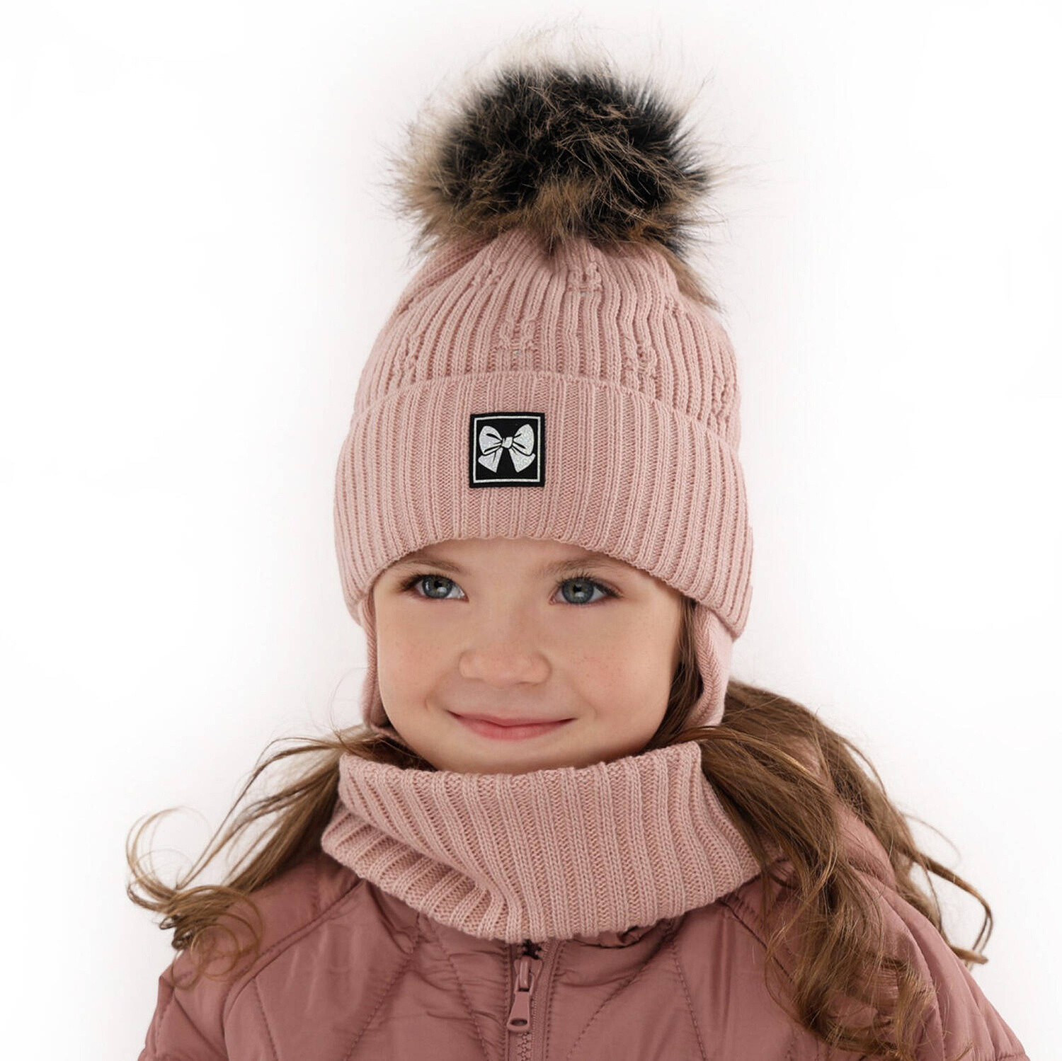 Set invernale bambina: berretto e scaldacollo, beige, con pompon, Kinia