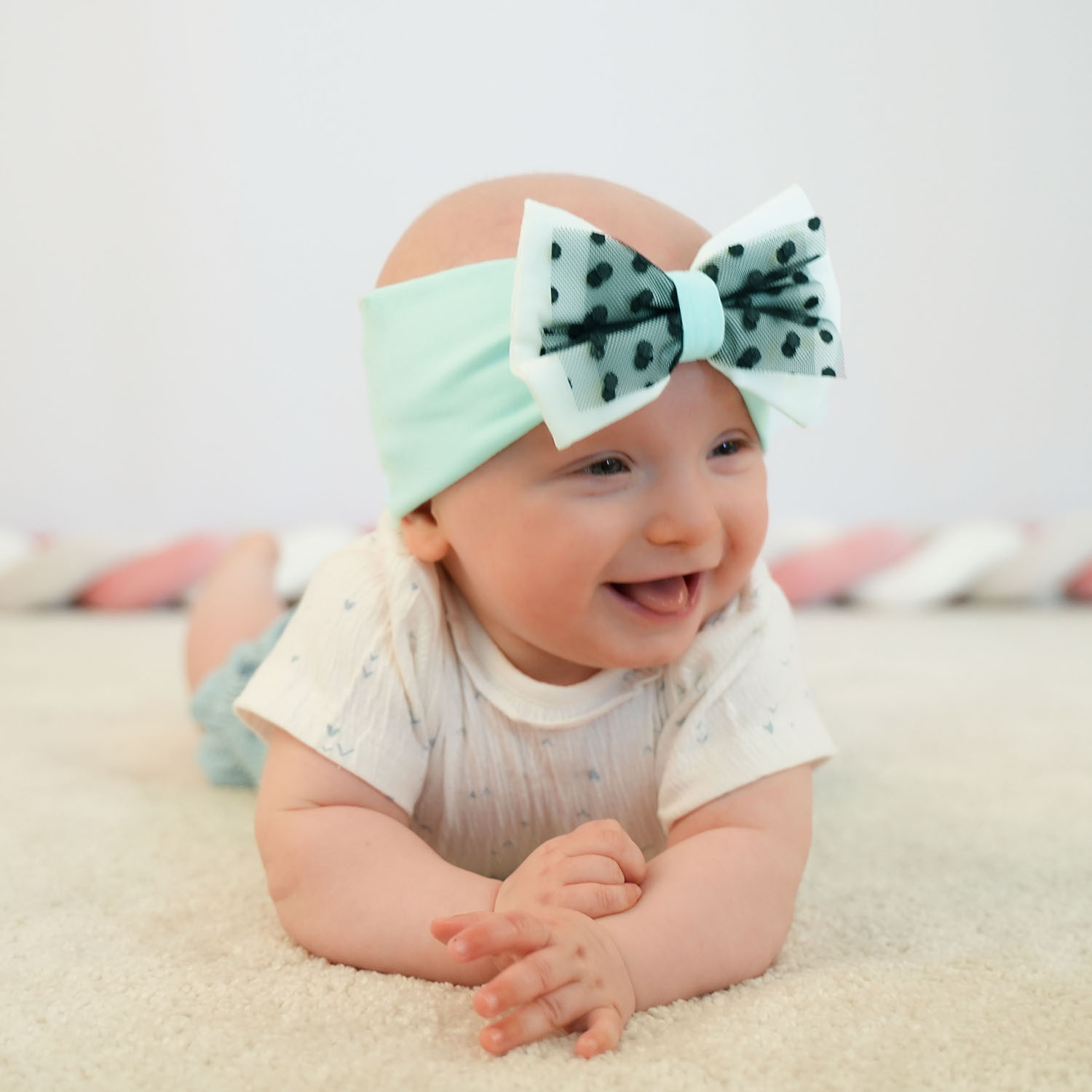 Fascia per capelli autunno/primavera bambina, verde menta, cotone, con fiocco, Celinka