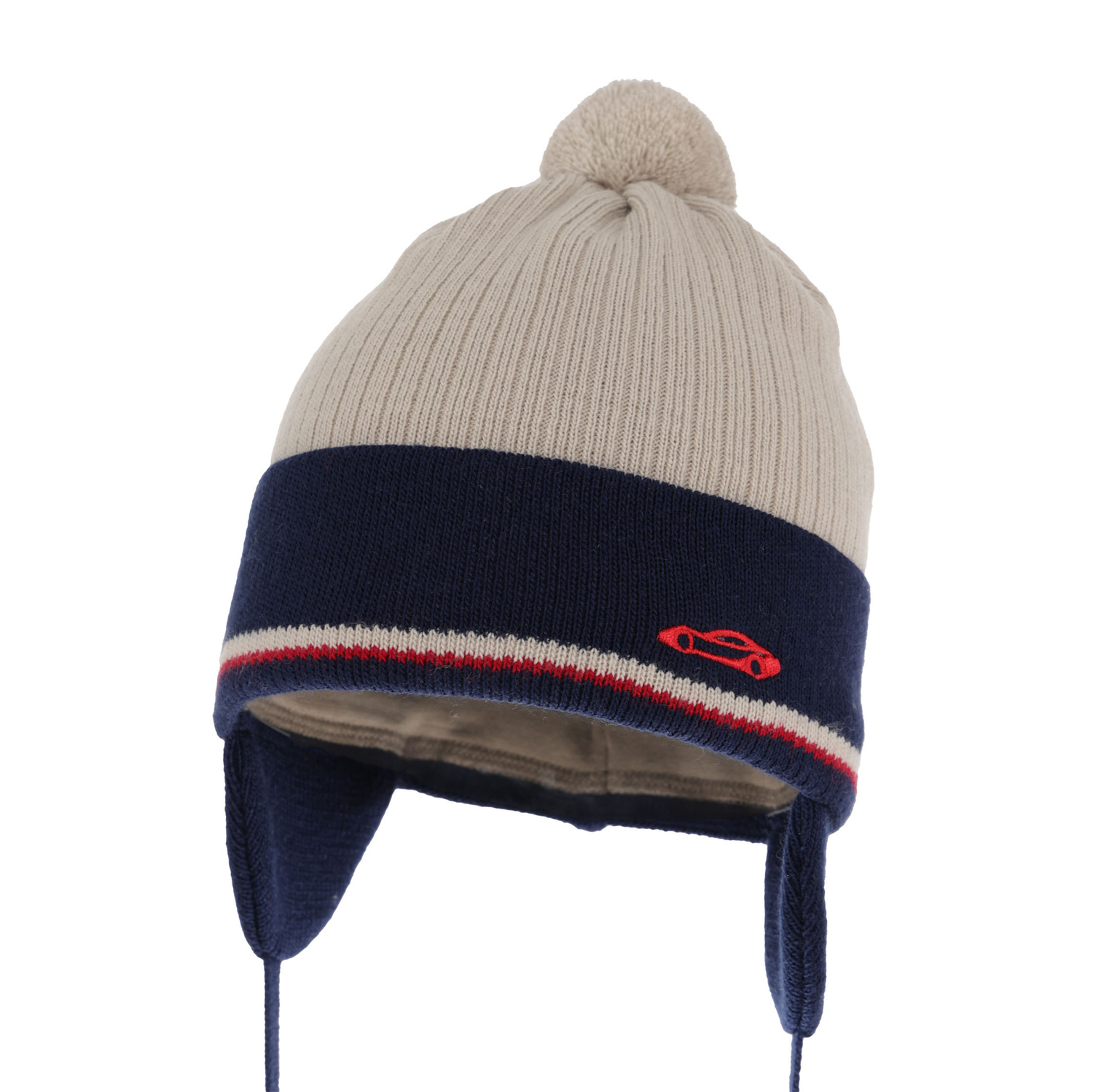 Berretto autunno/primavera bambino, beige, con pompon, con lacci, Jacob