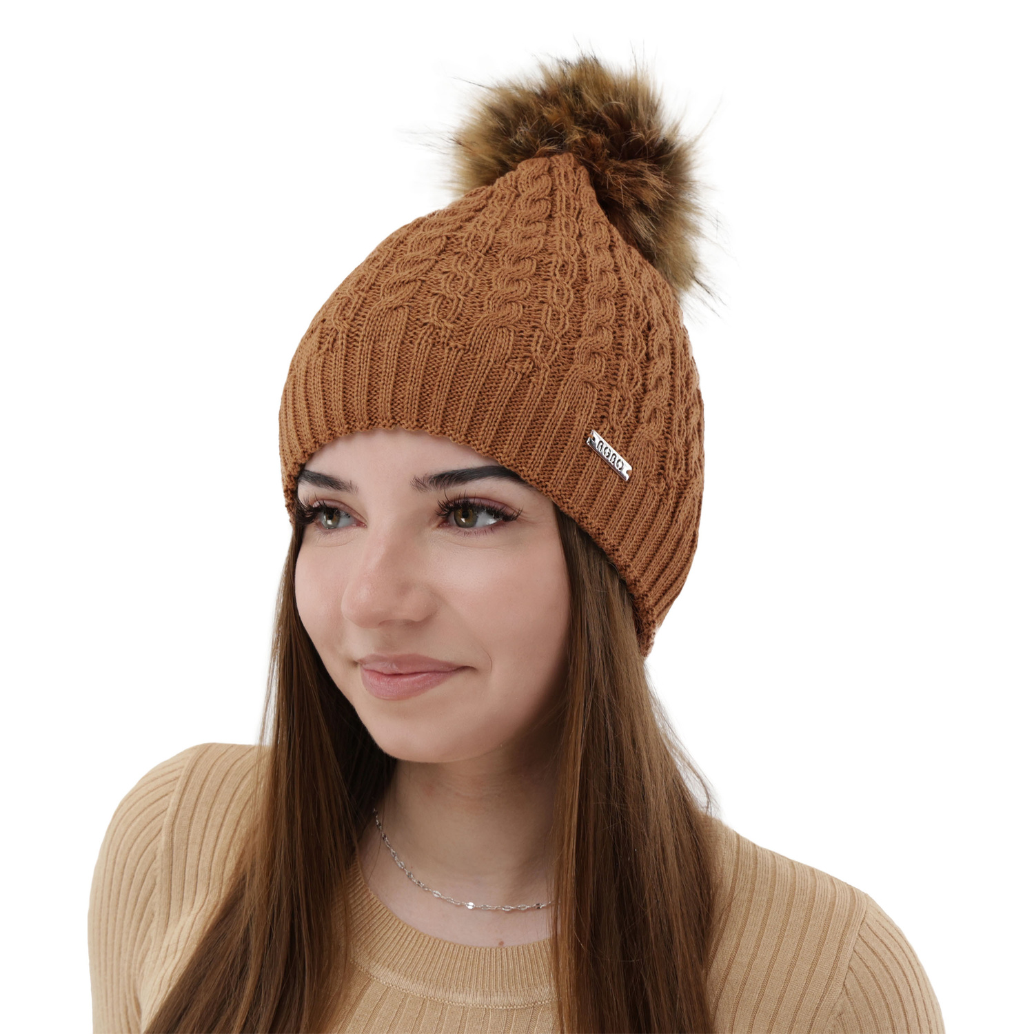 Berretto invernale donna, camel, con pompon, 100% Lana Merino, Satina