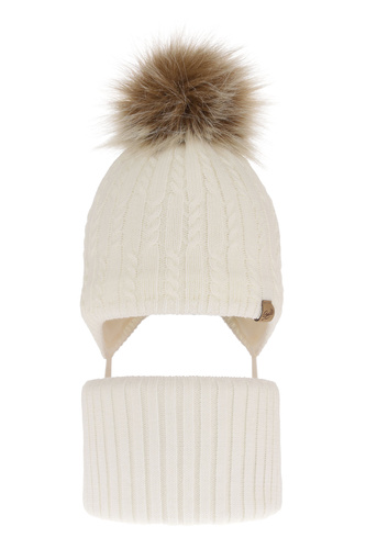 Set invernale bambina: berretto e scaldacollo, crema, con pompon, con lacci, Loreley