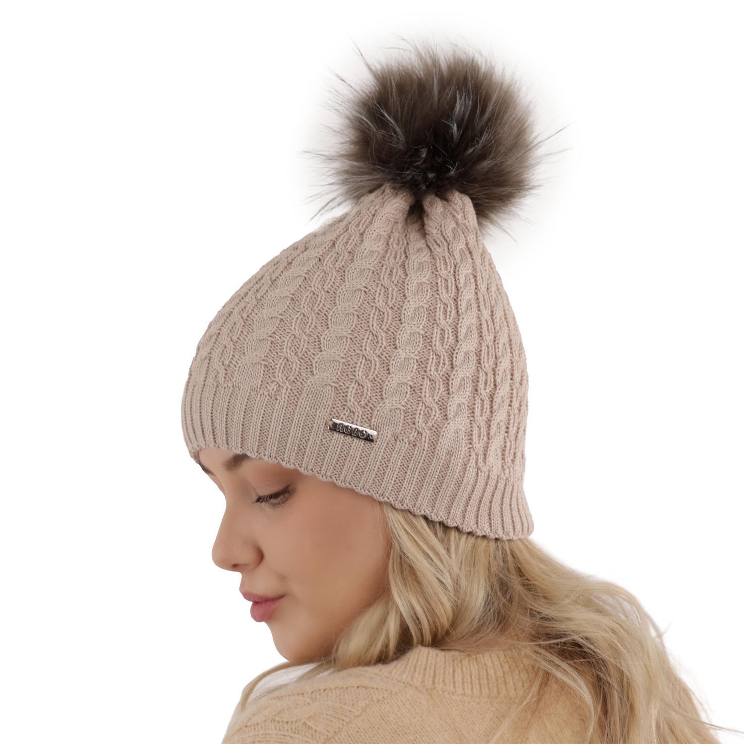 Berretto invernale donna, camel, con pompon, 100% Lana Merino, Satina