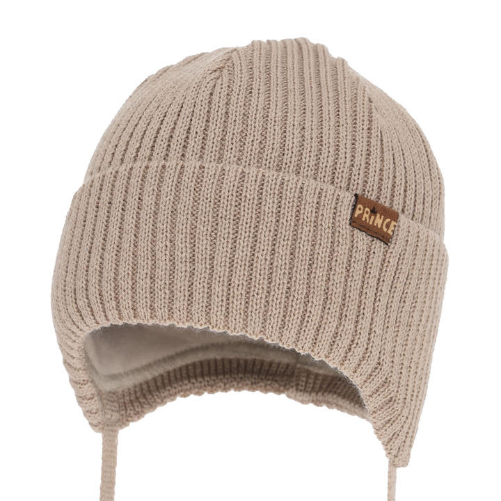 Berretto invernale bambino, con lacci, con lana merino, beige, Puser
