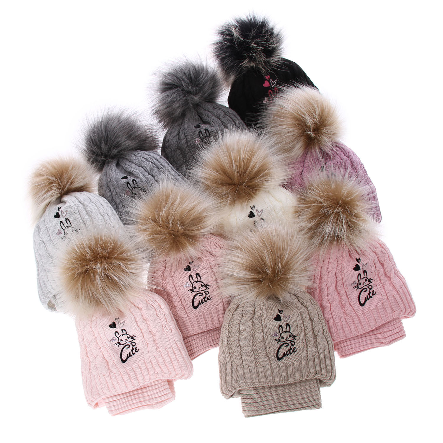 Set invernale bambina: berretto e scaldacollo, grigio, con pompon, Treccia