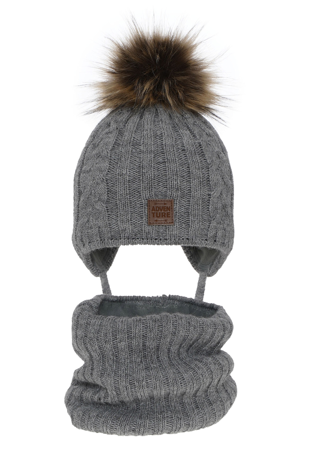 Set invernale bambino: berretto e scaldacollo, grigio, con pompon, con lacci, Casper