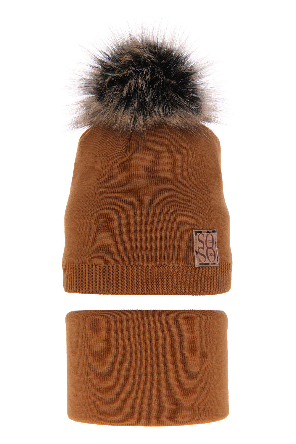 Set invernale bambina: berretto e scaldacollo, camel, con pompon, Apolinka