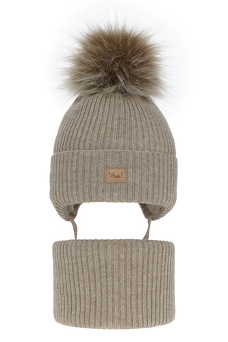 Set invernale bambina: berretto e scaldacollo, beige, con pompon, Dilajla