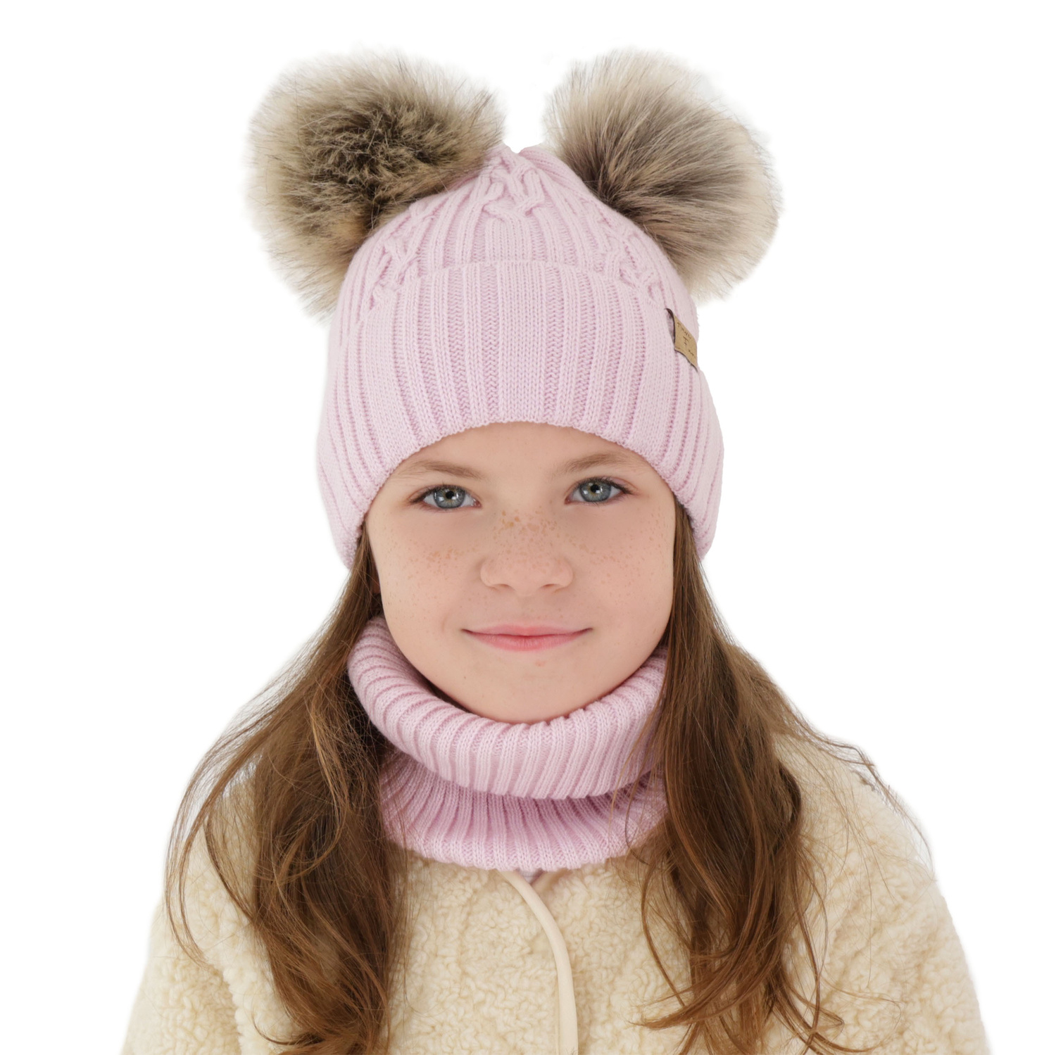 Set invernale bambina: berretto e scaldacollo, beige, con due pon pon, Sierra