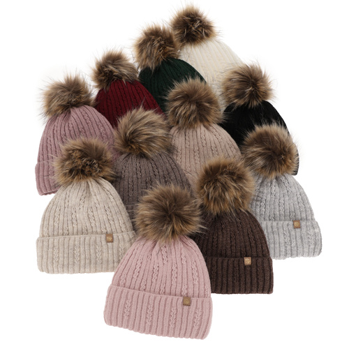 Berretto invernale donna, crema, con pompon, Savona