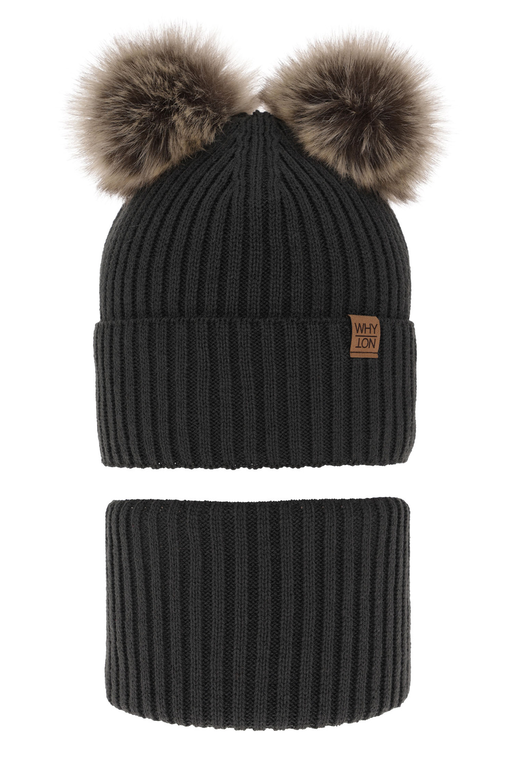 Set invernale bambino: berretto e scaldacollo, grigio, con due pon pon, con lacci, Oxford