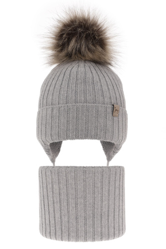 Set invernale bambina: berretto e scaldacollo, grigio, 100% Lana Merino, con lacci, Junika