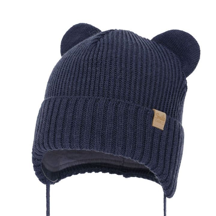 Berretto invernale bambino, navy, con lacci, 100% Lana Merino, Shedon