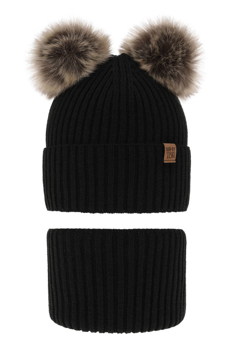 Set invernale bambino: berretto e scaldacollo, nero, con due pon pon, Oxford