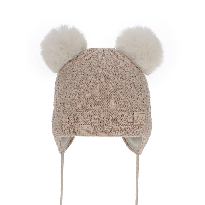 Berretto invernale bambina, beige, con pompon, Emila