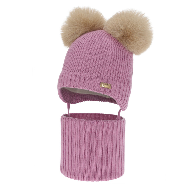 Set cappello e scaldacollo bambina, invernale, viola, 100% lana merino, foderato pile di lana, Lumia