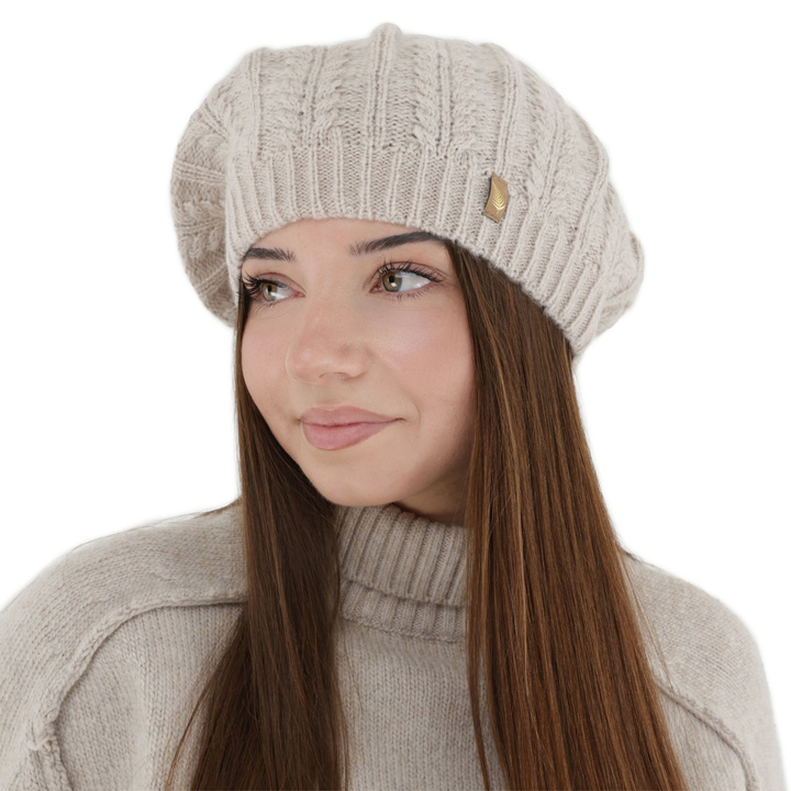 Beret donna invernale, beige, con lana merino, Senja