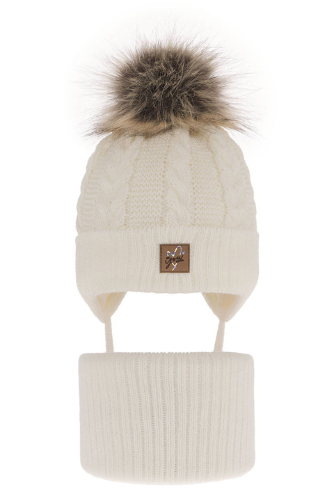 Set invernale bambina: berretto e scaldacollo, crema, con pompon, Finess