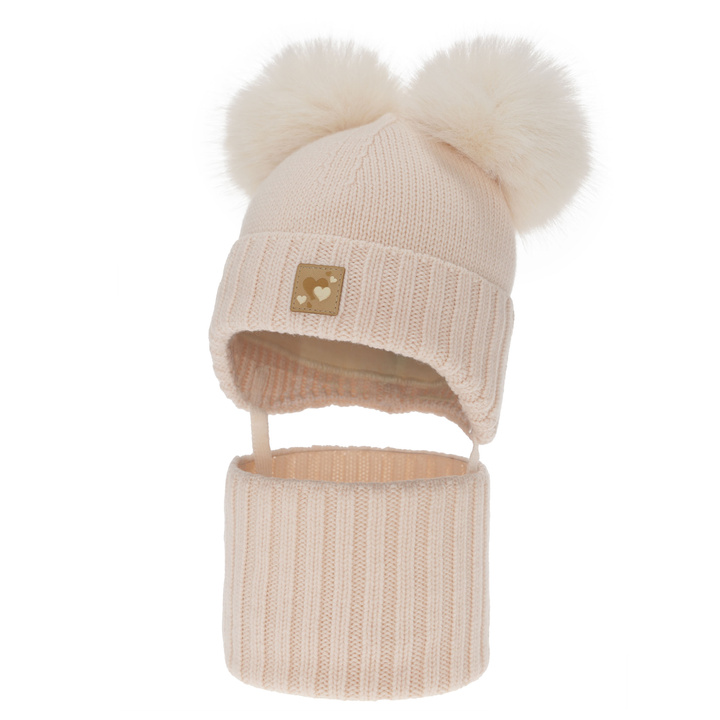 Set cappello e scaldacollo bambina, invernale, rosa chiaro, 100% lana merino, foderato pile di lana, Ronia