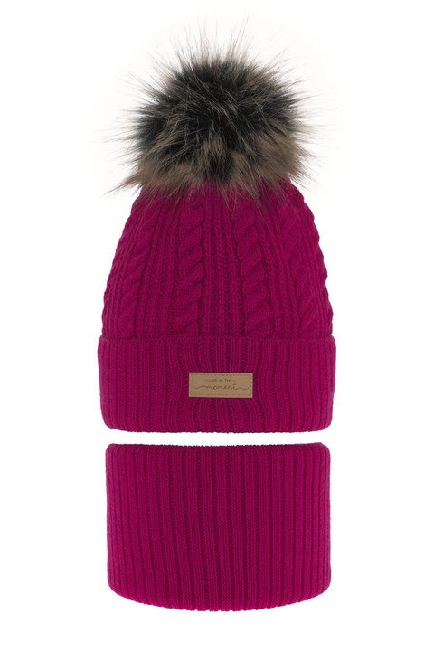 Set invernale bambina: berretto e scaldacollo, rosa, con pompon, Alika