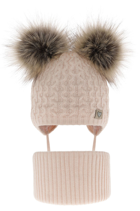 Set invernale bambina: berretto e scaldacollo, rosa chiaro, con due pon pon, Poliana