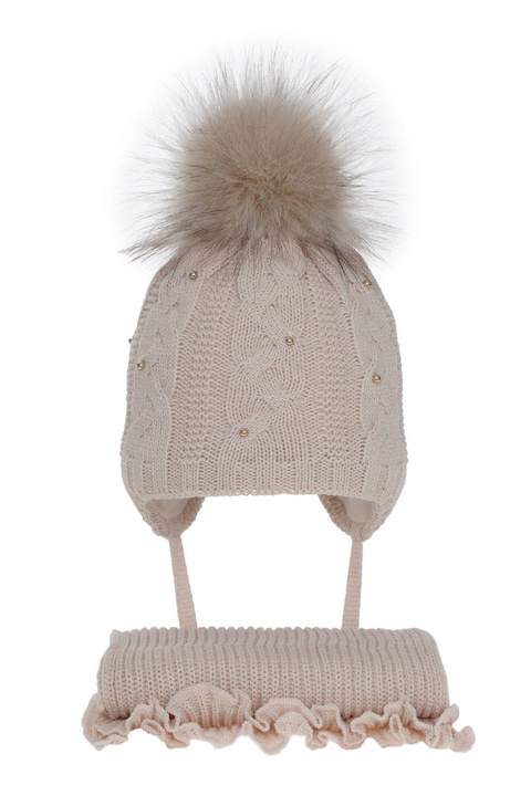 Set invernale bambina: berretto e sciarpa, rosa, con pompon, Mirella