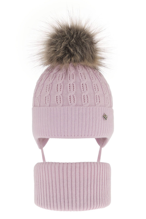 Set invernale bambina: berretto e scaldacollo, lilla, con pompon, con lacci, Tukana