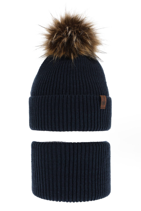 Set invernale bambino: berretto e scaldacollo, blu scuro, con pompon, Modus