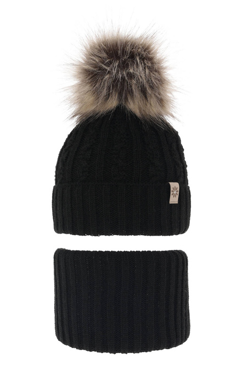 Set invernale bambina: berretto e scaldacollo, nero, con pompon, Pretoria