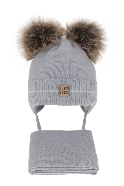 Set invernale bambino: berretto e sciarpa, azzurro, con due pon pon, con lacci, Melon