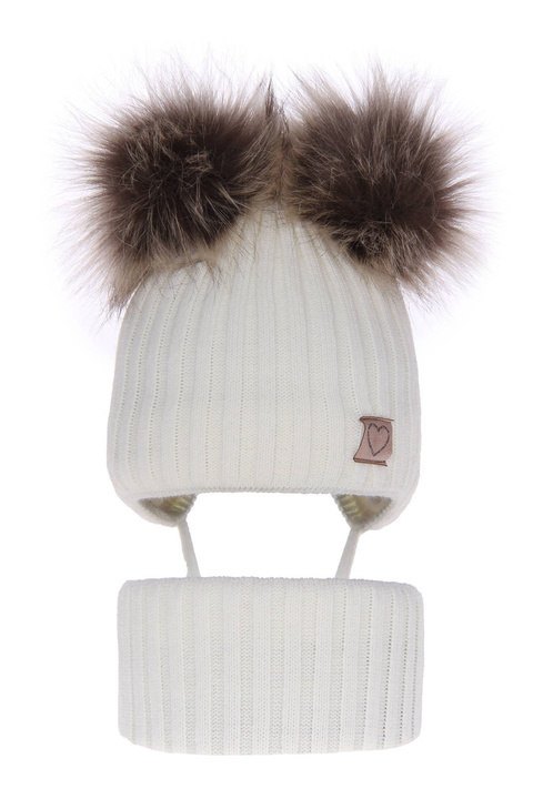 Set invernale bambina: berretto e scaldacollo, bianco, con due pon pon, con lacci, Telisa