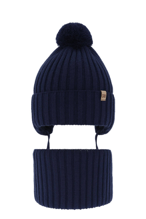 Set invernale bambino: berretto e scaldacollo, blu navy, con pompon, Carlo