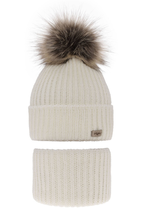 Set invernale bambina: berretto e scaldacollo, crema, con pompon, Willow