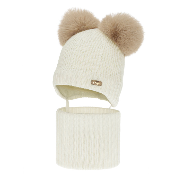 Set cappello e scaldacollo bambina, invernale, crema, 100% lana merino, foderato pile di lana, Lumia
