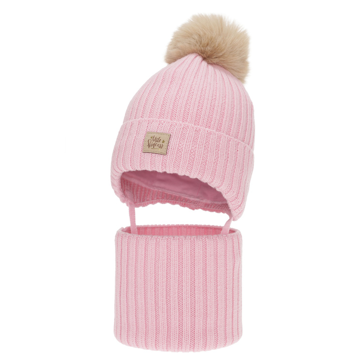 Set invernale bambina (berretto e scaldacollo), rosa, 100% Lana Merino, con lacci, foderato in cotone, Malesia