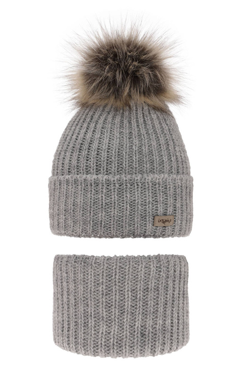Set invernale bambina: berretto e scaldacollo, grigio, con pompon, Willow