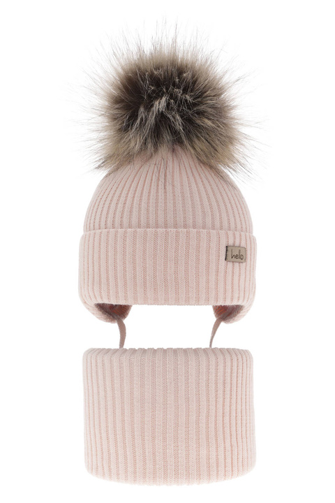 Set invernale bambina: berretto e scaldacollo, rosa chiaro, con pompon, con lacci, Bria