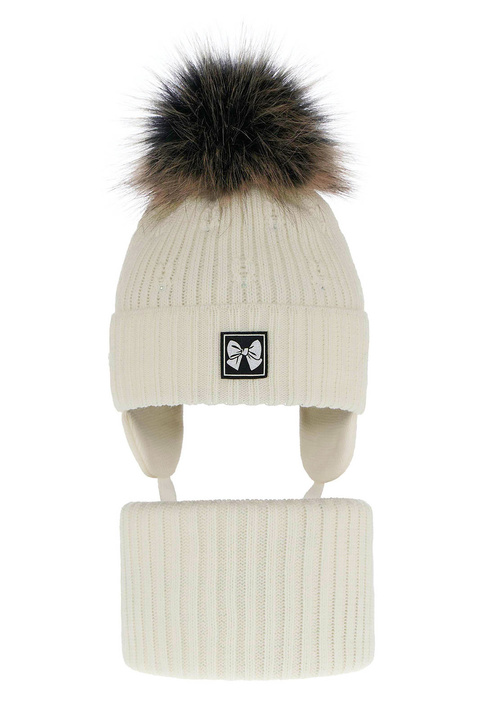 Set invernale bambina: berretto e scaldacollo, crema, con pompon, Kinia