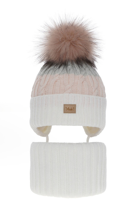 Set invernale bambina: berretto e scaldacollo, crema, con pompon, con lacci, Riviera
