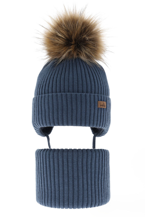 Set invernale bambino: berretto e scaldacollo, blu, con pompon, Bergo